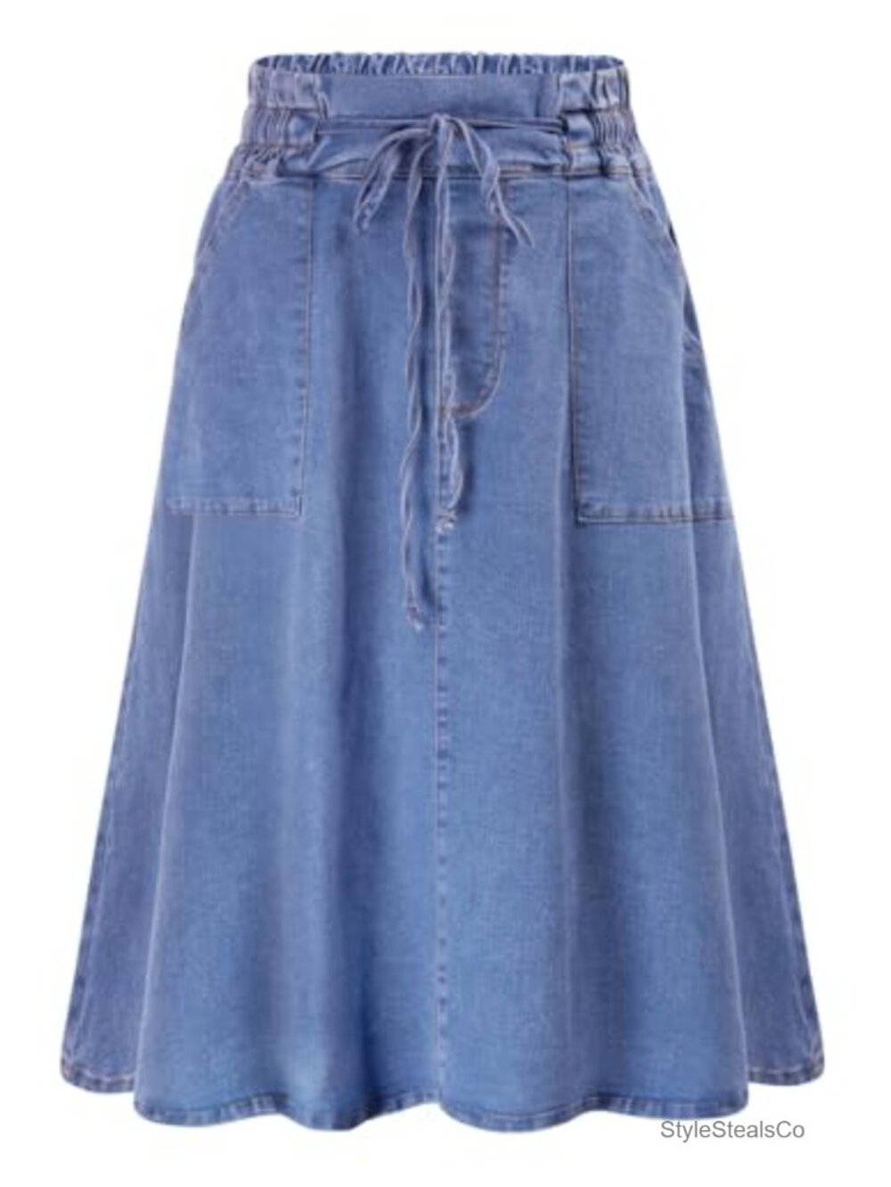 Casual Denim Midi Skirt Frill Tie Waist A-Line with Pockets